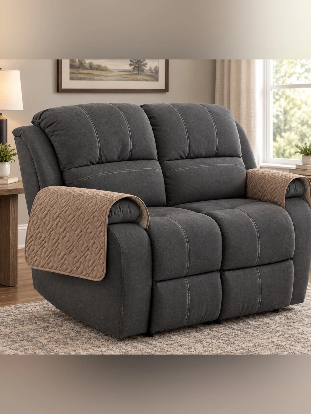 Quilted Brown Sofa Armrest Cover Protector, Universal Fit, Wash
